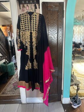 Navy & Hot Pink Maxi Dress with Gold Embroidered Accents